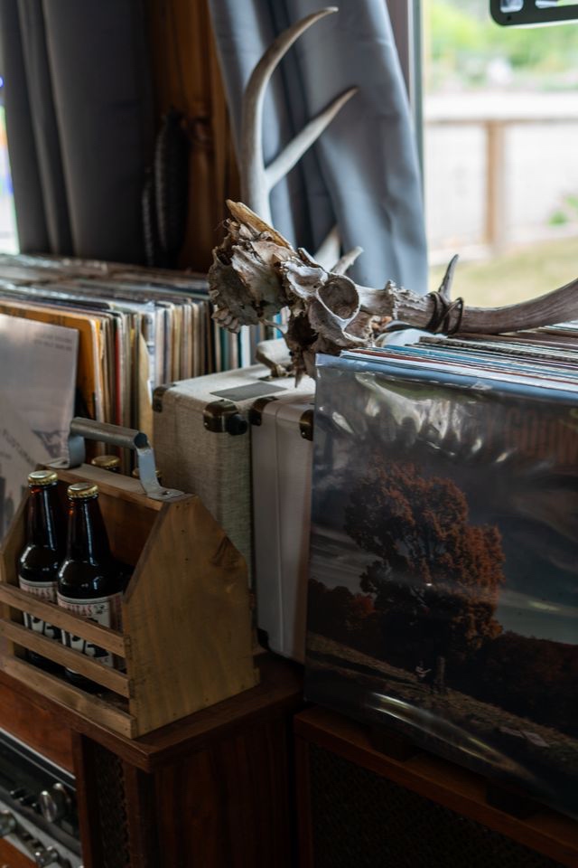 Andruss Motel room detail — vinyl records, antlers, local character